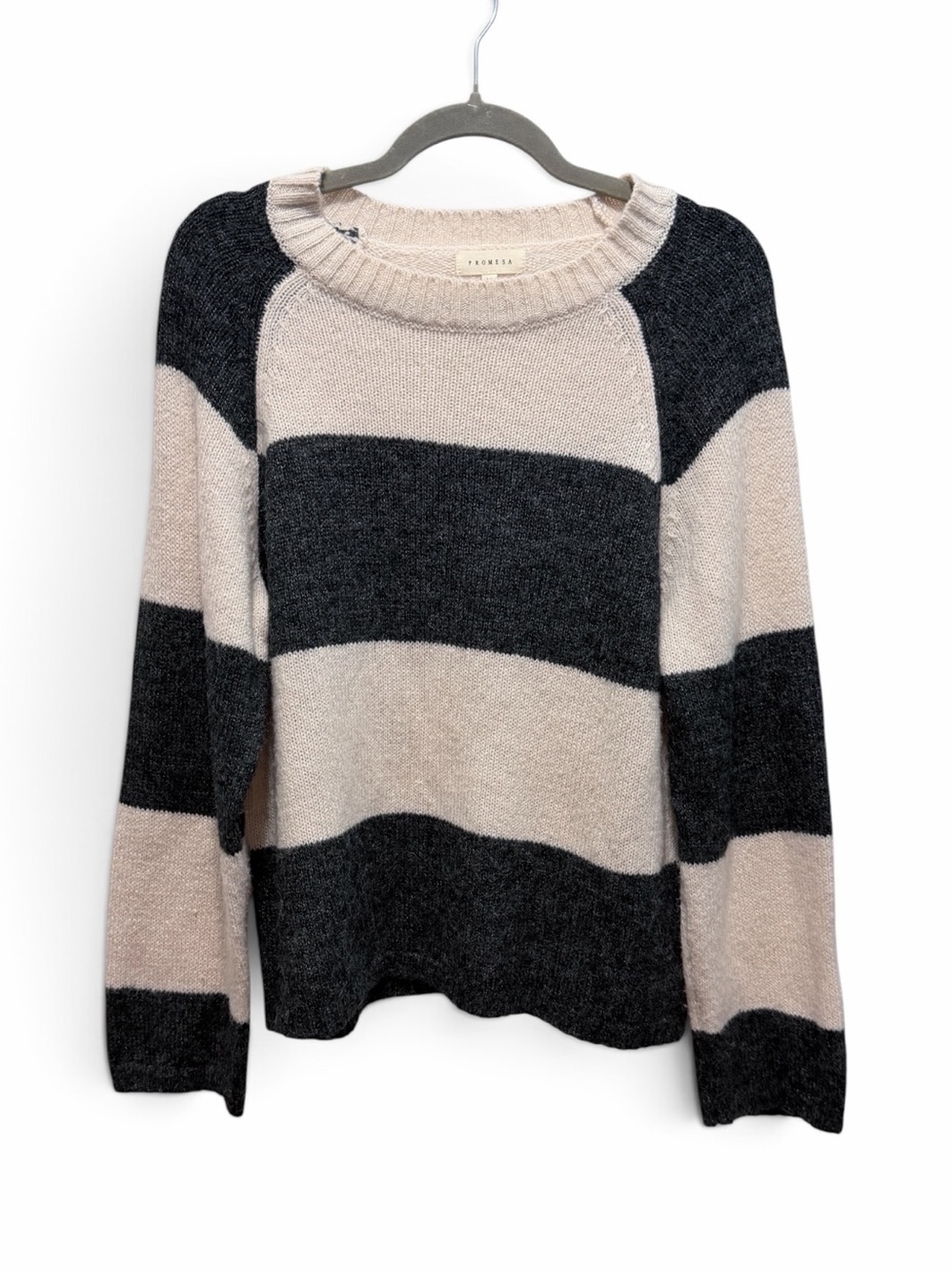 Promesa Cream & Grey Stripe Crewneck Sweater Soft Wool Mohair Size Medium
